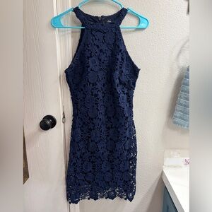Lulu's Navy Blue Floral Lace Halter Dress